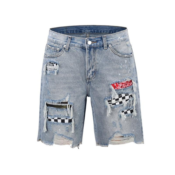 Plaid Patch Ripped Denim Shorts