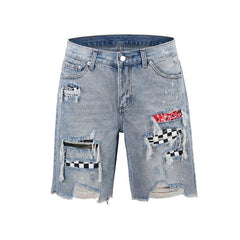 Plaid Patch Ripped Denim Shorts