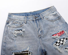 Plaid Patch Ripped Denim Shorts