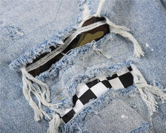 Plaid Patch Ripped Denim Shorts