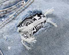 Plaid Patch Ripped Denim Shorts