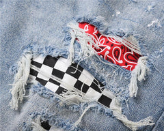 Plaid Patch Ripped Denim Shorts