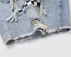 Plaid Patch Ripped Denim Shorts