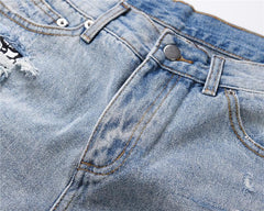 Plaid Patch Ripped Denim Shorts