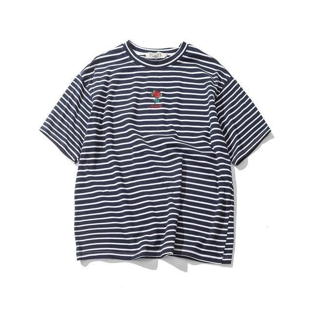 Rose Embroidered Striped T-Shirt
