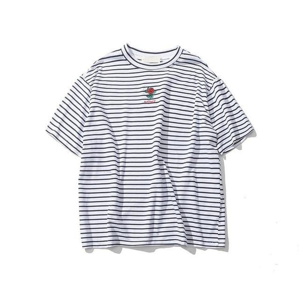 Rose Embroidered Striped T-Shirt