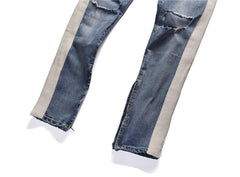 Side Stripe Patchwork Ripped Jeans